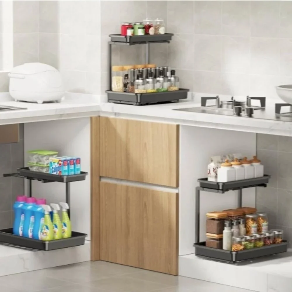 Under Sink Organizer Storage Pull Out 2 Tier Under Sink Countertop Black
